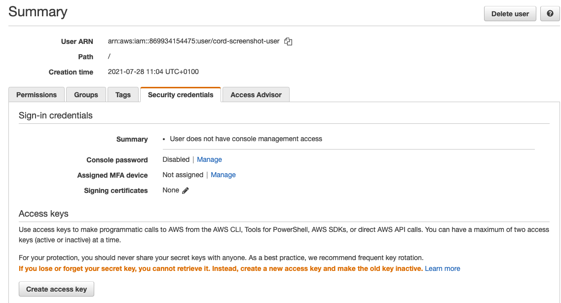 A screenshot of an AWS configuration UI for setting the security credentials of an IAM user