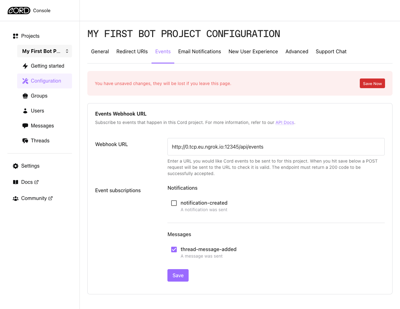 Screenshot of Cord webhook configuration